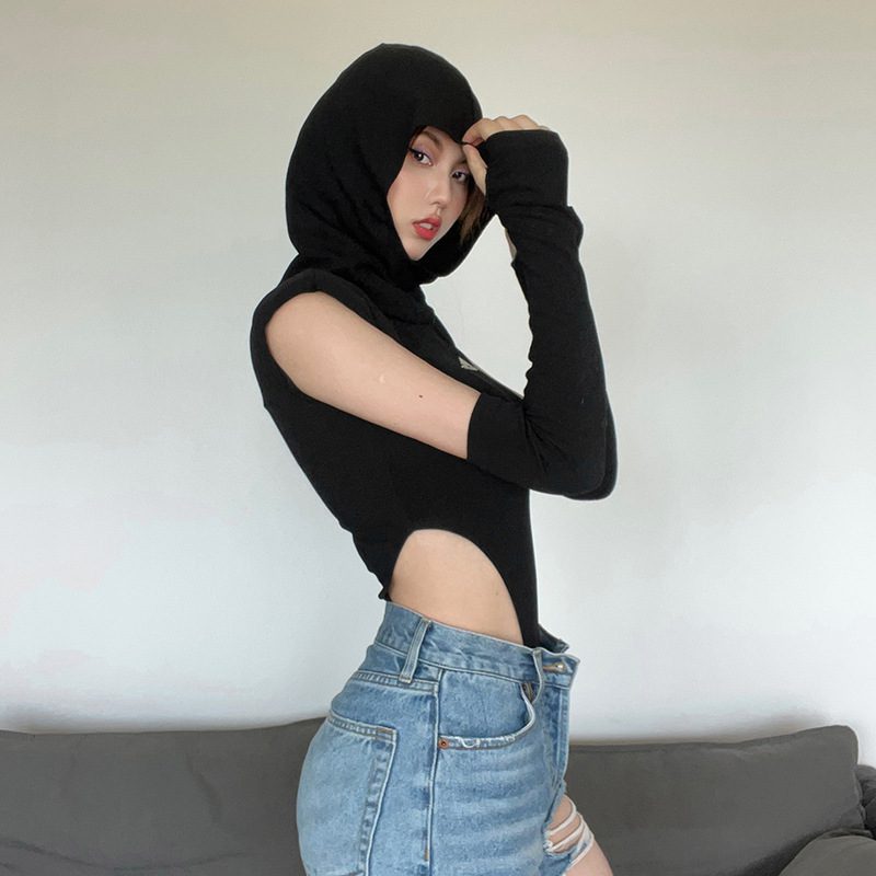 Y2k Black Hooded Sexy Sleeveless Bodysuit