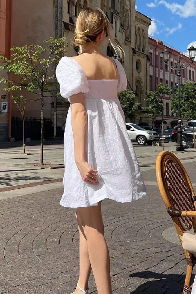 White Girly Tie Dress Summer Large Skirt Bubble Short Sleeve Skirt