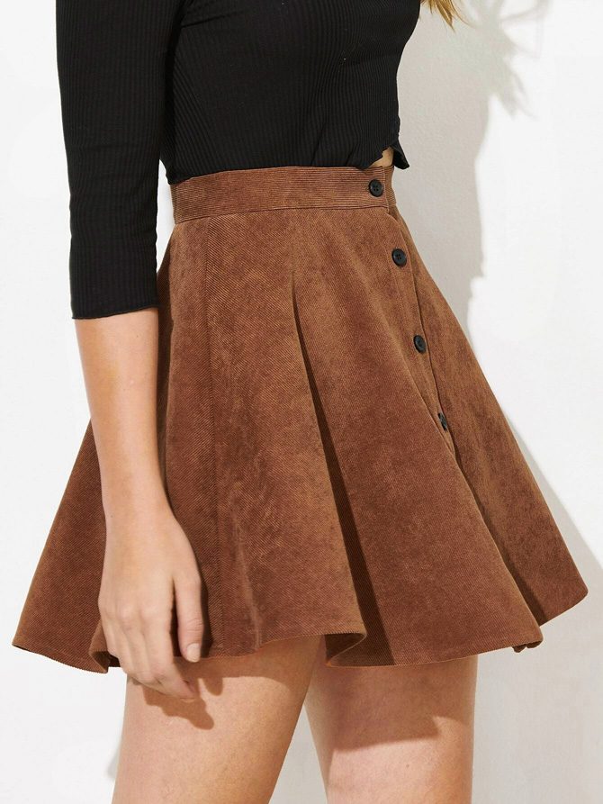Black Corduroy Skirt, Khaki single-breasted high-waisted skirt