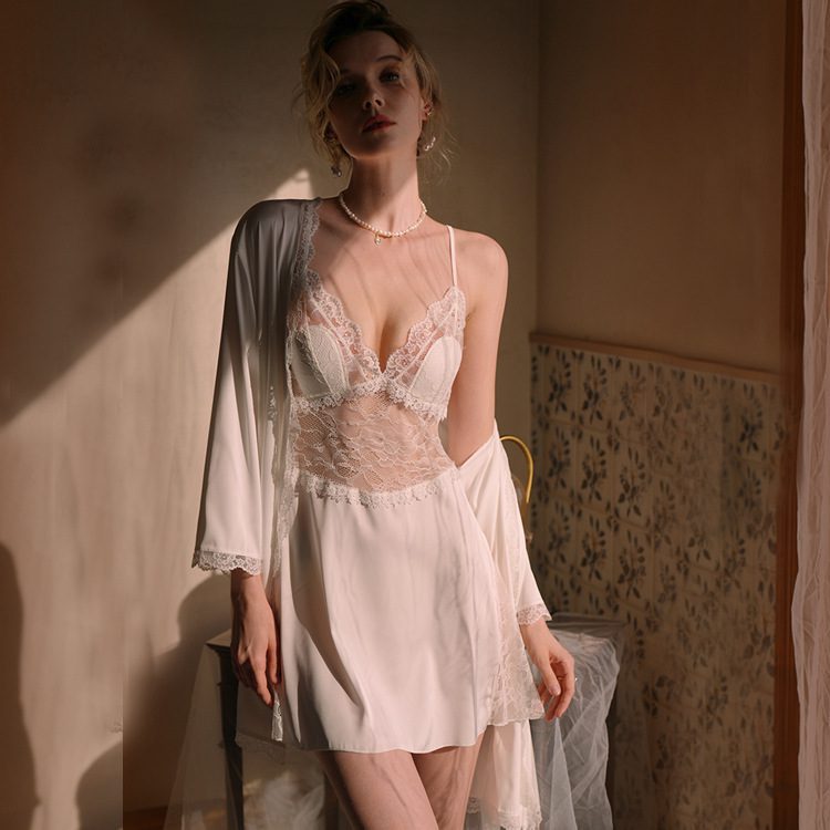 Ice Silk Lace Suspender Nightdress, 2023 New White Sexy Pajamas Nightgown Set