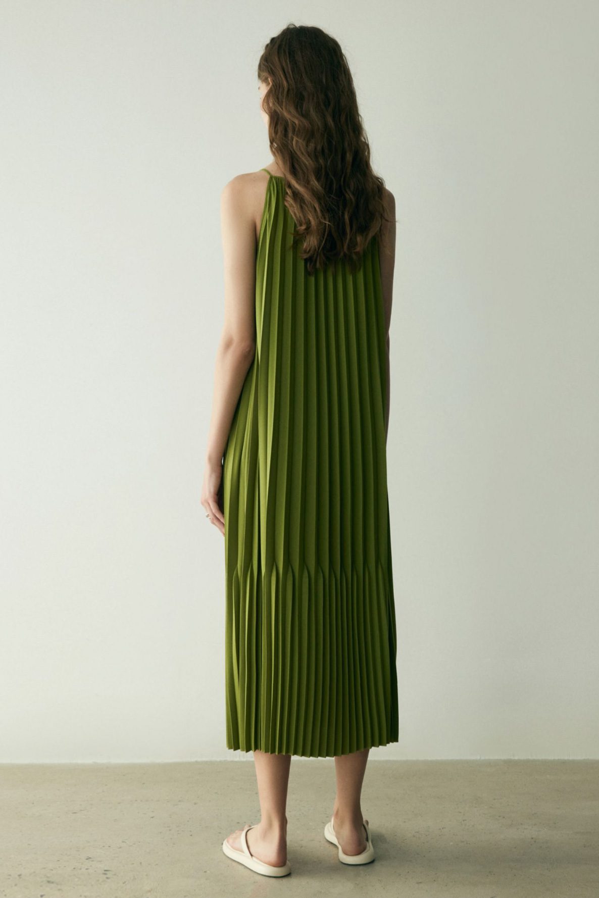 Green Miyake Flat Neck Strap Pleated Dress