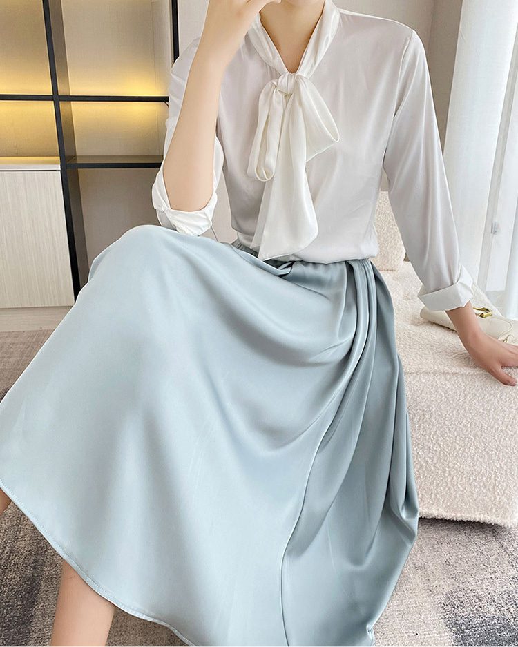 Light Blue Silk Satin Pleated Long Dress