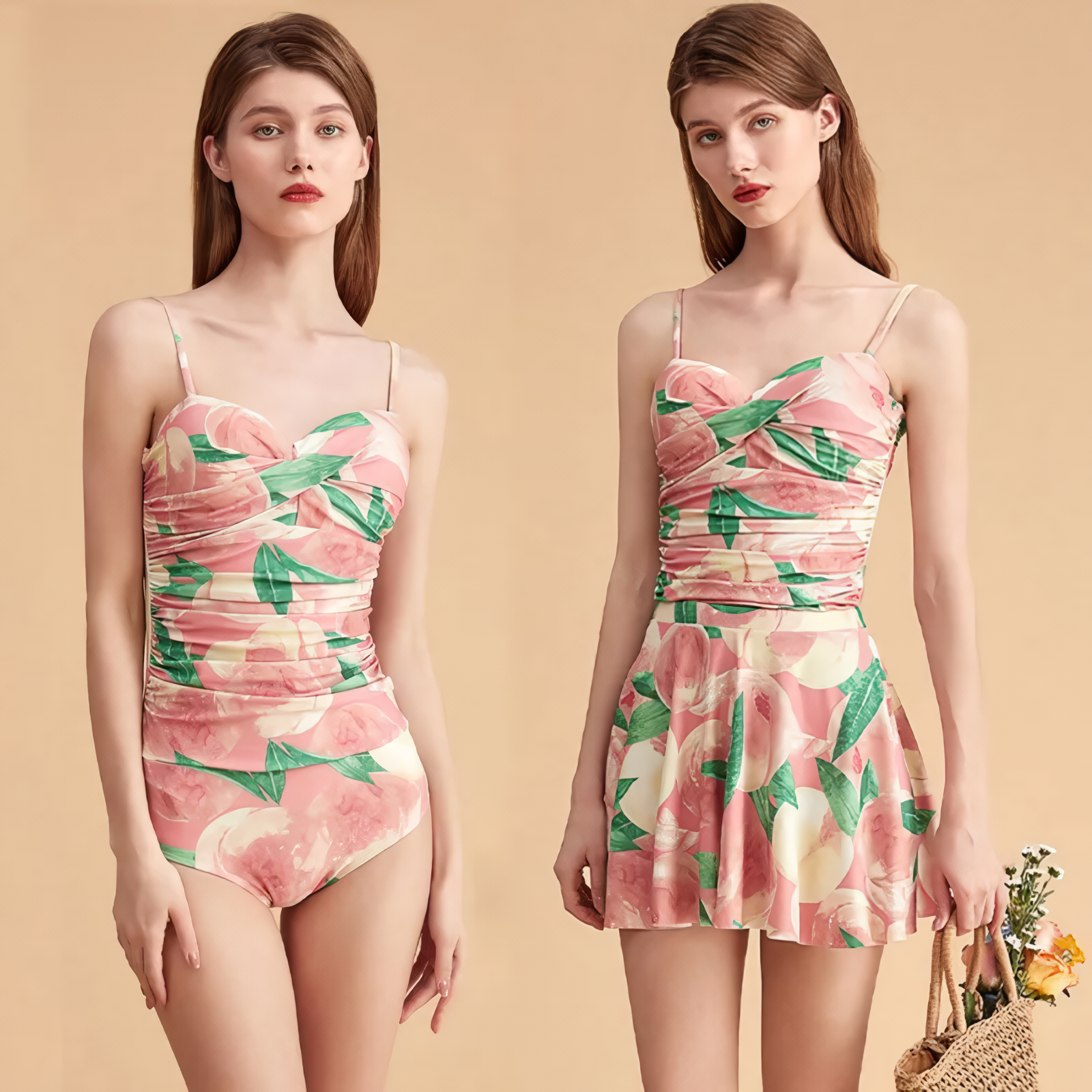 French Floral One Piece Swimsuit Pink Floral Printed Swimsuit Skirt Two piece Set Leisurelife.store