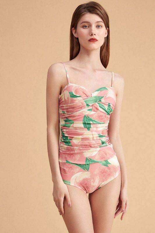 French Floral One Piece Swimsuit, Pink Floral Printed Swimsuit Skirt Two-piece Set
